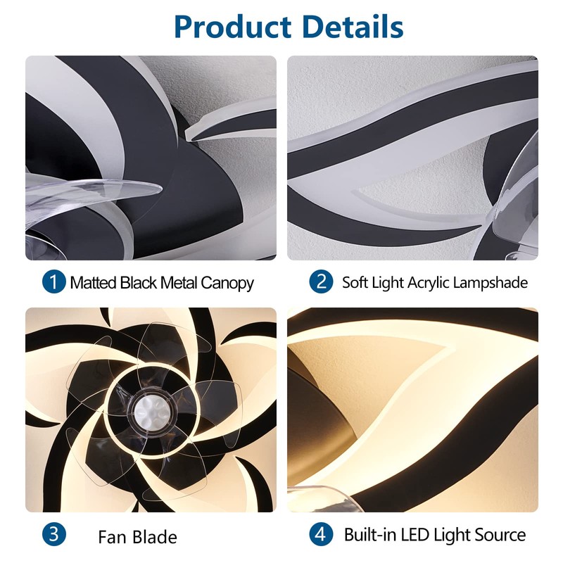 Dalouguan Ceiling Fan with Lights Remote Control, 24" Black, 6