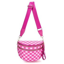 FFEDAYUN Checkered Bum Bags for Women Nylon Crossbody Bag Large Fanny Pack Oversized Slouchy Belt Bag Spacious Checkered Purse with Adjustable Shoulder Strap,Purple Pink
