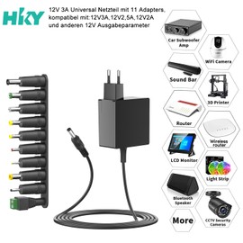 HKY 12V 3000mA Universal Netzteil 3A 2,5A Ladegerät für AVM Fritzbox, Speedport, LCD TFT Monitor, Soundlink, Festplatten, Trekstor Laptop Telekom Dockingstation Steckernetzteil Medion E3216