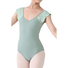 Dance Elite Kaia- Floral Lace Cap Sleeve Dance Leotard for Women (Sage Green, Adult M)