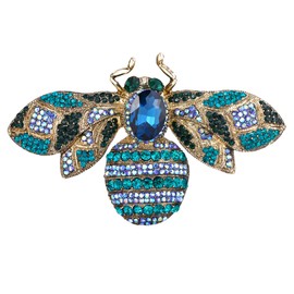 EVER FAITH Rhinestone Crystal Honeybee Insect Brooch Blue Gold-Tone