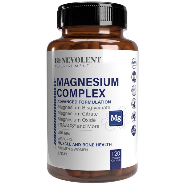 Magnesium Complex 500mg - Magnesium Citrate, Oxide, Taurate, Bisglycinate Chelate TRAACS - Max Absorption Supplement for Sleep, Leg Cramps, Muscle Relaxation, Headaches - 120 Vegan, Non-GMO Capsules