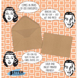 Better Office Products Kraft Invitation Envelopes, 100-Pack, A1 Size (3.625" x 5.12"), Strong 35 lb. Paper, Fits 3.5" x 5" Invitation Cards, RSVP Cards, Photos, Gift Cards (Contoured Gummed Flap)