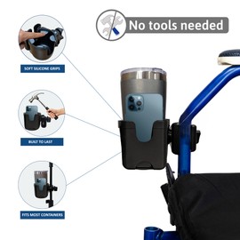Sheer Living Wheelchair Cup Holder with Phone Holder, Clip On for Walker, Rollator, Mobility Scooter, Power Chair Cup, Clamp Attachment