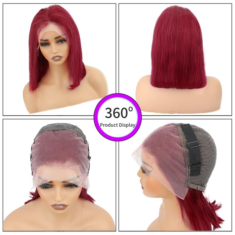 YFFSSJFC 12 Inch 99J Burgundy Bob Wigs Human Hair 200%