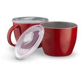 KooK Ceramic Soup Mugs, with Handle and Vented Plastic Lid, Microwave Safe, Travel Cups, for Coffee, Cereal, Noodles and Tea, 25 oz, Set of 2,Cherry/Grey