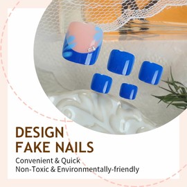 BABALAL Press on Toenails, Summer Handmade Gel Glue on Toe Nails, Blue French Tip Toe Nails Reusable Fake Nails Acrylic False Nails Manicure Kits for Women