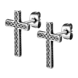 Flongo Viking Cross Earrings for Men: Punk Biker Hip Hop Stud Earrings Stainless Steel 3D Pattern Gothic Viking Norwegian Jewellery Amulet Lucky Charm Father's Day Christmas Birthday Men Gift