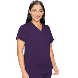Med Couture V-Neck Scrub Top for Women with 4 Pockets, Rib-Knit Side Panel, and Shirttail Hem MC7459, Eggplant, 4X-Large