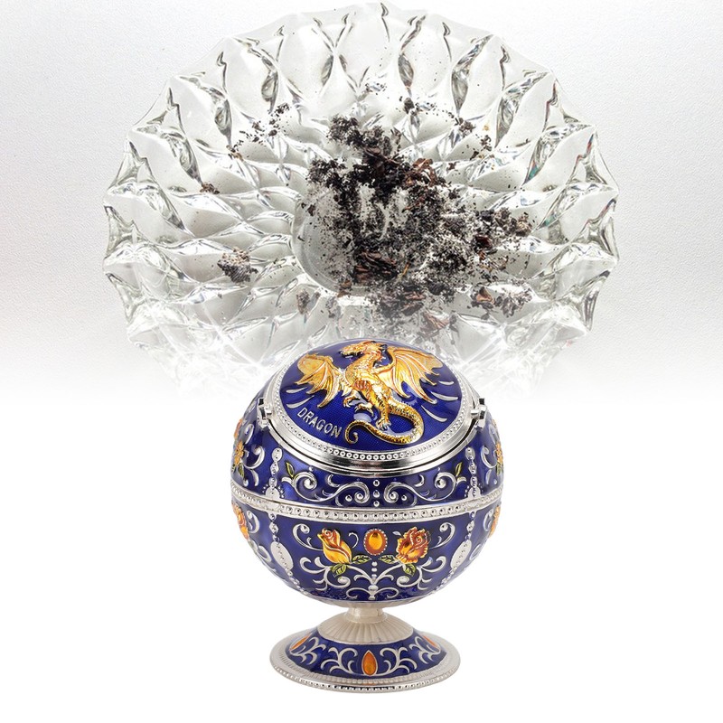 Ball Ashtray with Windproof Lid Retro Dragon Stereoscopic Relief Zinc