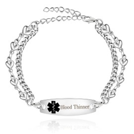 Oneress Stainless Steel Medical Alert Bracelet for Blood Thinner | Emergency Bracelets for Women | Waterproof Dual Chain Wristband | 7.5"+2" Adjustable | Velvet Pouch & Plastic Box Offered | YA3985