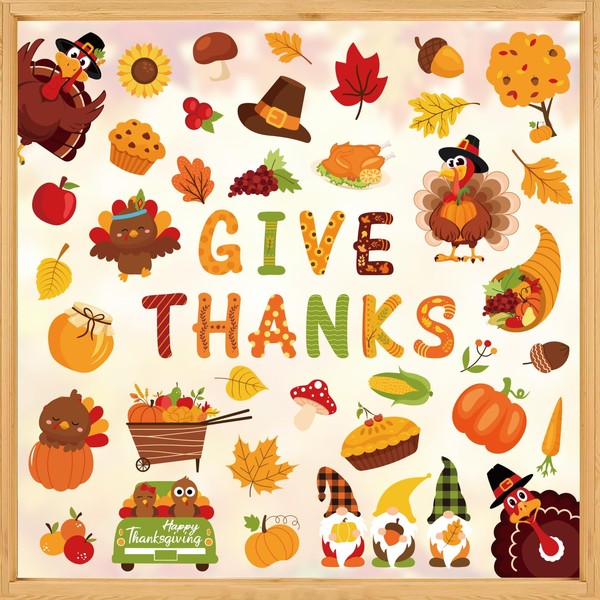 Whaline 9 Sheets Fall Thanksgiving Cartoon Window Cling Stickers Turkey