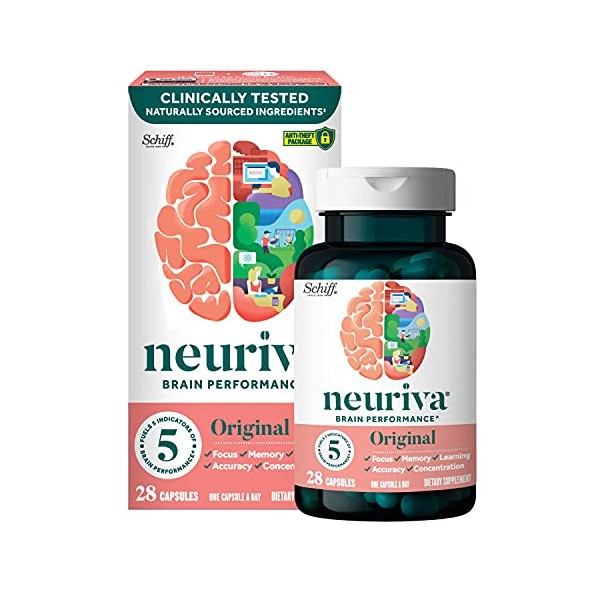NEURIVA Nootropic Brain Support Supplement, Original Capsules in a Bottle, Phosphatidylserine, Gluten Free, Decaffeinated, Focus, Memory, Learning, Accuracy & Concentration, White, 28 Count
