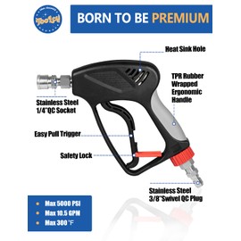 TOOLCY Pressure Washer Short Gun with Stainless Swivel & QC, 304 Stainless Steel 3/8" Plug & 1/4" Quick Connect, Commercial Grade, Max 5000 PSI / 10.5 GPM, Premium Power Washer Gun for Car Detailing