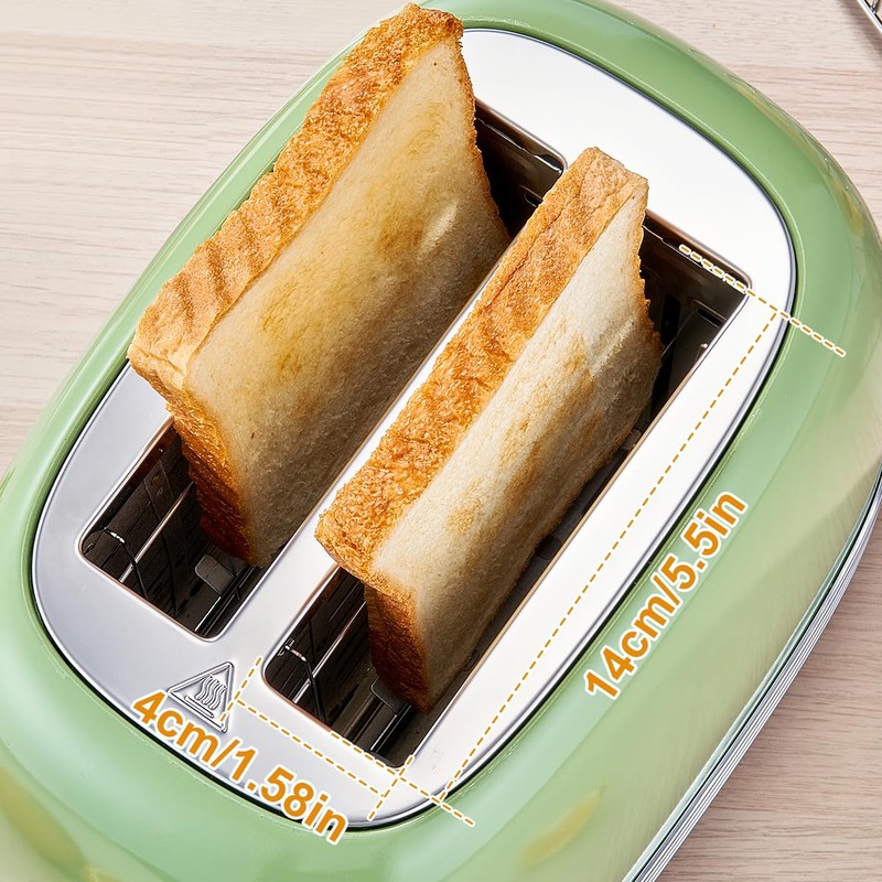 Wiltal Green Cute Retro Toaster 2 Slice with 1.58" Wide