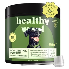 Healthy Woof Dog Dental Powder with Icelandic Kelp, Enzymes & Green Tea – Dog Breath Powder & Tartar Remover – Dental Cleaning for Dogs – 8.5 oz (120 Servings)