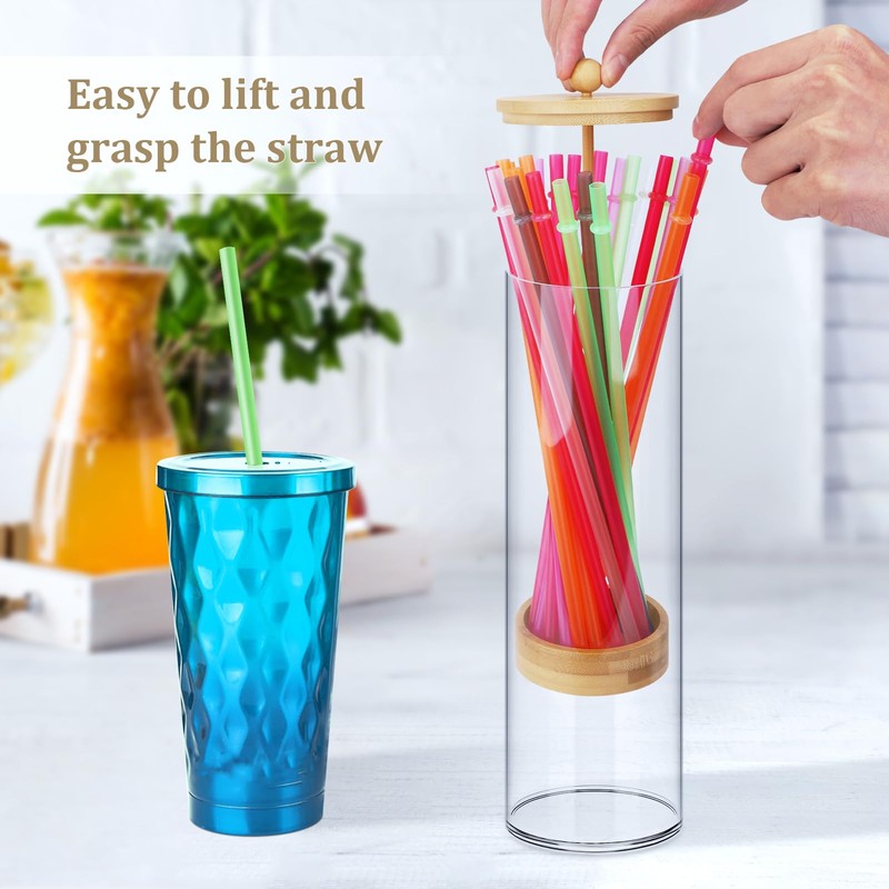 JYPS 13-Inch Acrylic Straw Dispenser with Bamboo Lid with 100