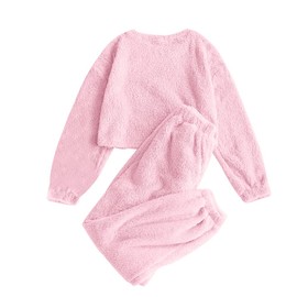 ZAFUL Women's Fuzzy Lounge Casual Pajamas Sets Long Sleeve Fleece Pullover and Pants Set 2 Piece Fluffy Loungewear Sleepwear Pink