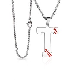 Baseball Initial Necklace for Men A-Z Letter Necklaces Chain Stainless Steel Pendant with Accessories Sport Charm Baseball Gifts for Team Player Athlete Lover Fans (T., Silver)