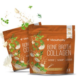 Vitauthority Bone Broth Collagen Supplement Delicious Chicken Noodle Flavored - 16g Protein & Types I II III - Nourishes Skin Hair Nails Joints Gut - Easy Preparation High Performance - 15 Servings - Fitness:_2 Bags
