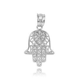 Fine 925 Sterling Silver CZ-Accented Heart Filigree-Style Hamsa Charm Pendant