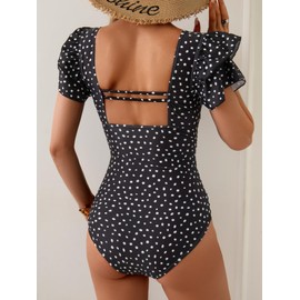 Eomenie Women's Tummy Control One Piece Swimsuit Ruffle Square Neck Bathing Suit Ruched Cutout Back Slimming Swimwear