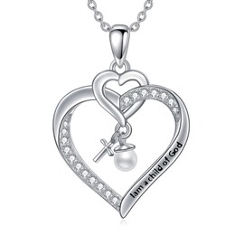Shusukue Baptism Necklace with Pearl 925 Sterling Silver Heart Cross Necklace Christian Baptism Gifts First Communion Cross Pendant Baptism Jewelry Gifts for Women