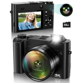 4K Digital Camera for Photography, 64MP Autofocus Vlogging Camera for YouTube with Selfie Lens, Compact Travel Video Camera with Flash, 16X Zoom, Anti-Shake, 32GB Card, 2 Batteries(Black)