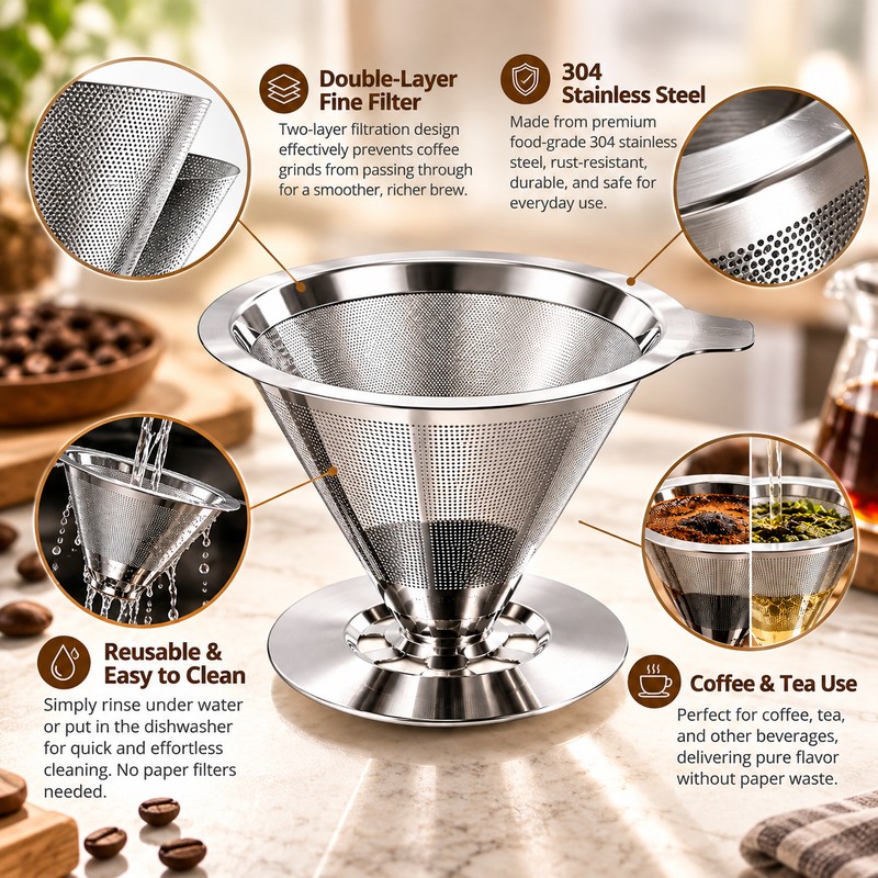 Premium Reusable Coffee Filter for Pour-Over Brewing – Double-Layer 304