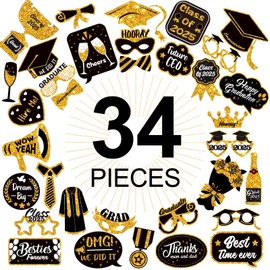 Qpout 36 Pieces Glitter Fancy Graduation Photo Booth Props Class Of 2025 Black Gold Grad Selfie Props With Sticks Graduation Party Favors Supplies Decorations