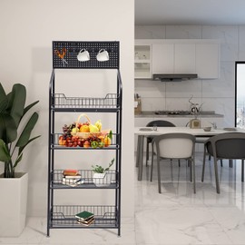 PROYONGOO 4 Tier Retail Display Rack with Wheels, Metal Wire Storage Shelf Basket Stand Cart with Hole Plate and Hooks for Bedroom Kitchen Office Store, 19.6" X 10.6" X 55"