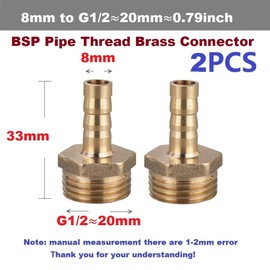 MiJunHD 2PCS Brass Reducer Connector | 8mm Hose Barb Tail to G1/2≈20mm BSP Thread | Pipe Thread Reducing Joint Tubing Plumbing Adapter for Connection & Converting Pipe