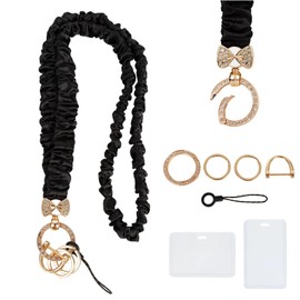 Cute Stretchy Scrunchie Lanyard, Teacher Lanyard for ID Badge, Stylish Neck Key Chain Holder with Card, Retractable Keychain for Women Gril Work Student (Black)