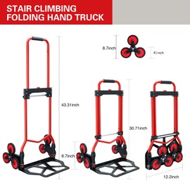 Stair Climbing Dolly Cart,Stair Climbing Hand Truck Dolly with Telescoping Handle and Stairs Wheels,330 LB Capacity Heavy Duty Folding Hand Truck for Stairs,Moving,Office (Red)