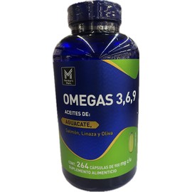 Omegas 3,6,9 Aceites Extra Virgen de Aguacate, Salmon, Linaza, y Oliva 264 capsulas. Pack de 1.                                                       