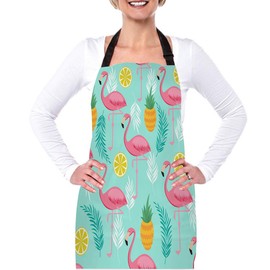 afidomu Kitchen Cooking Apron Pink Flamingo Tropical Summer Pineapples Lemon Leaves Green Apron Home Baking Chef Apron Waterproof For Women Men 31X27 Inches