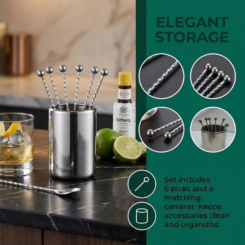 KGCGJVB 6Pcs Metal Cocktail Picks and Holder Reusable Stainless Steel