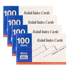 BAZIC Ruled Index Cards 5" X 8" 400 Count, White Color Flashcards, Ruled Lined Card for Learning Memory Reminder (100/Pack), 4-Packs