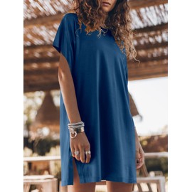 ANRABESS Women’s Summer T Shirt Dress 2025 Beach Vacation Travel Outfits Casual Simple Soft Mini Sundress Cover Up Clothes Blue Large