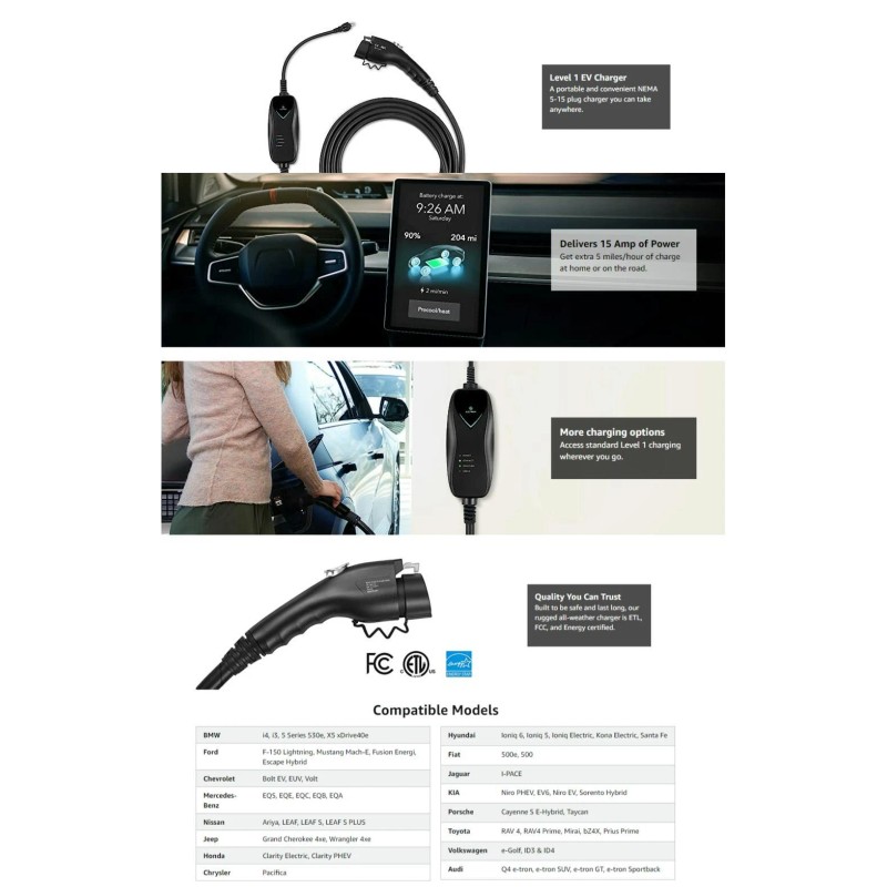 Lectron Level 1 EV Charger - ETL Certified, 110V, 15
