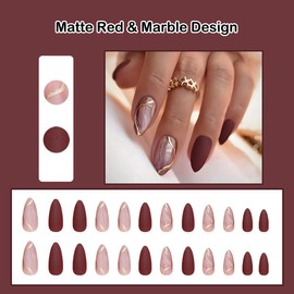 ANDGING Almond Press on Nails Short Matte Red Glue on Nails for Women Marble Fake Nails with Gold Line Designs Glossy Manicure Stick on Nails for Wedding Full Cover Fantasy Gel Acrylic False Nails