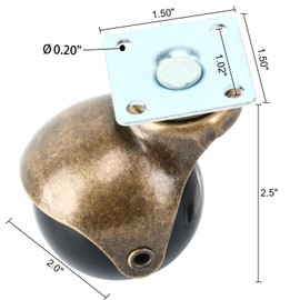 Homend 4-Pack Antique Copper Ball Caster for Sofa Furniture,Bench & Ottoman Using for Hardwood Floor (2-inch)