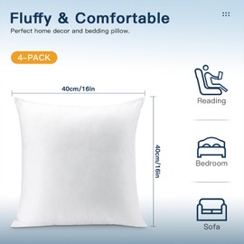 OTOSTAR Set of 4 Pillow Inserts 16x16 Inch, Decorative Square Throw Pillow Inserts, Premium Fluffy Pillow Forms Sham Stuffer for Sofa Bed Couch Living Room- Indoor