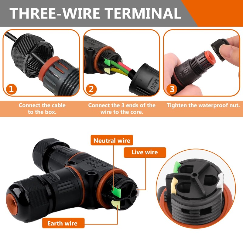 Cable Connector Waterproof IP68, Pack of 3 Cable Connectors, 3