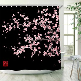 WUASDCS Cherry Blossom Shower Curtain Pink Plum Floral Flowers Blooming Watercolor Cute Branch Asian Japanese Anime Black Bathroom Decor Polyester Fabric Curtains with Hook 70Wx70H Inches