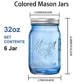 WELLIFE Blue Mason Jars 32 oz, 6 Pack wide mouth mason jars for Canning, Pickling, Food Storage, Fermenting, DIY Crafts & Decor, Glass Jar with Lid