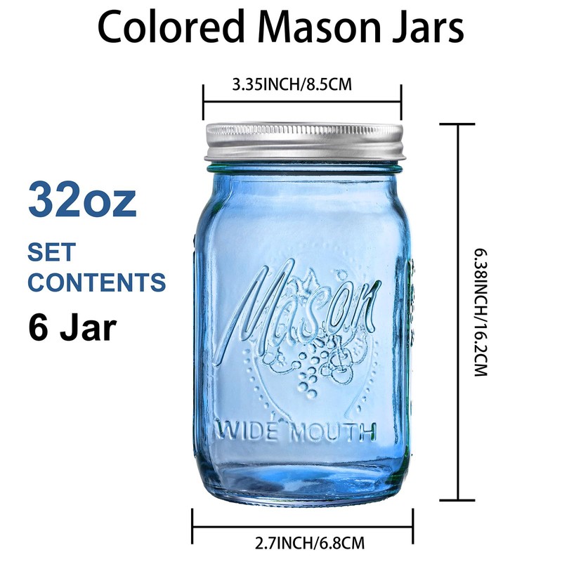 WELLIFE Blue Mason Jars 32 oz, 6 Pack wide mouth
