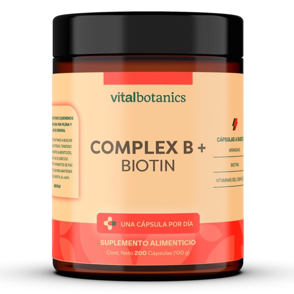 Complejo B con Vitaminas B1, B2, B3, B5, B6, B12, Biotina y Arándano. Con 200 capsulas de 500mg (Más de 6 meses). VitalBotanics. Suplemento Multivitamínico con Vitaminas. Libre de Gluten y Aditivos.