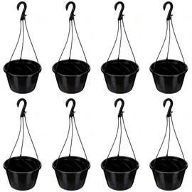 Romooa 8 Pcs 10 Inch Modern Euro Swirl Hanging Planter Uv-Resistant Plastic Hanging Basket Smart Drainage Lightweight Indoor Outdoor Flower Pots for Garden Porch Balcony Patio Home Decor (Black)