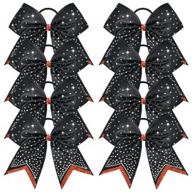 8PCS Glitter Cheer Bow Large Cheer Bows Rhinestones Hair Bows Girls 8"Cheerleading Bows Bulk Elastic Band Ponytail Holder for Teen Girls College Sports Competition Black